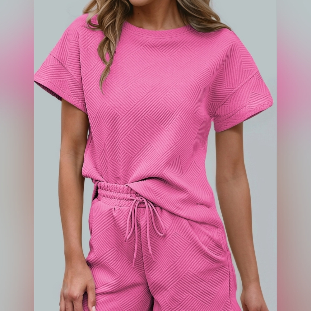 #311 SALE 🛑38 S,L  Comfy 2pcs Solid Textured Drawstring Shorts Set